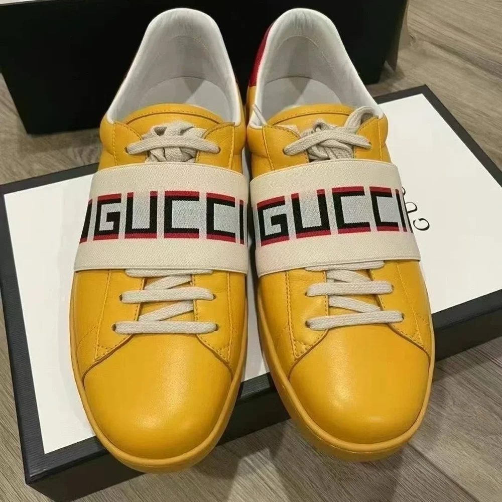 Authentic Gucci Mens Ace Jacquard Lace Up Casual Sneaker Yellow Size 8.5 NIB